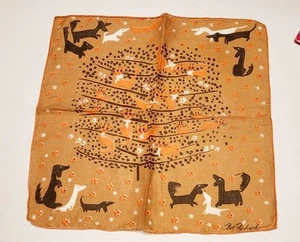 Vintage Pat Prichard braun orange Leinen Taschentuch Taschentuch Katze Dackel 14" - Bild 1 von 2