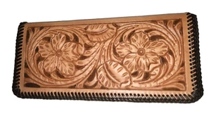 Leather CLUTCH PURSE - 2 Flower Scroll Handmade Western Women Clothing Accessory - Picture 1 of 4