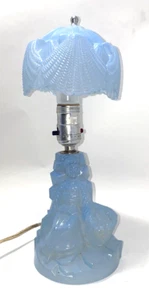 L.E. Smith Asian Woman w/ Basket Blue Glass Vintage Lamp B*JS - Picture 1 of 17