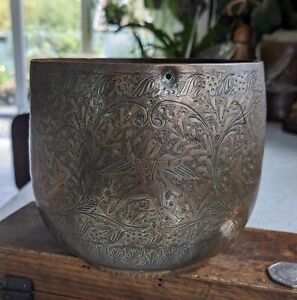 Antique Engraved Chased Indian Brass, Dancing Deity, Hanging Planter, Plant Pot