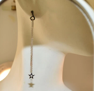 14K 白金-悬挂星星钻石 (TDW 0.03 克拉) 链式耳环 — 第 1/3 张图片