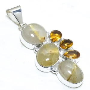 Golden Rutile Quartz, Citrine 925 Silver Fashion Jewelry Pendant 2.4" RP292 - Picture 1 of 3