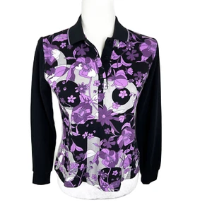 Arnaldo Bassini Polo Shirt Women Medium 90 Black Purple Floral Print Long Sleeve - Picture 1 of 11