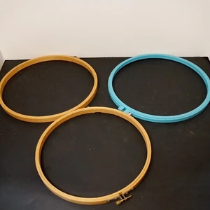 Lot of 3 Embroidery Hoops Vtg 2 wood/plastic 10" & 1 wooden 9" Cross Stitch - Picture 1 of 6