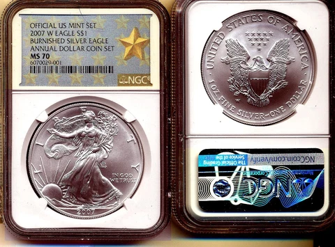 2007-W  ANNUAL $1 SET  burnished  SILVER EAGLE - NGC MS70 - NGC WEST POINT LABEL Cover