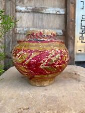 Ancient Old Hand Crafted Hand Painted Paper Mache Pot Without Lid Folk Art