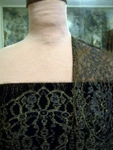 4 PARTIAL PANELS FRENCH CHANTILLY LACE PEWTER DESIGNS ON BLK NET W/ GOLD ACCENT - Picture 1 of 4