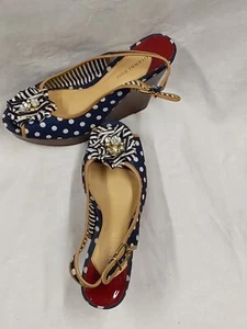Gianni Bini Blue Polka Dot Platform Open Toe Wedge  10 - Picture 1 of 6
