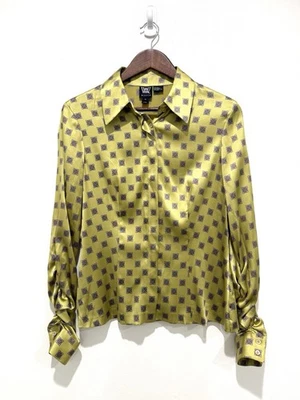 Blusa con volantes y botones estampados geométricos de seda dorada talla 10 VALE LA PENA para mujer Foto 1 de 4
