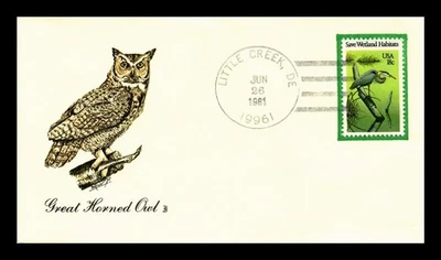 DR JIM STAMPS US COVER SAVE WETLAND HABITATS FDC HAND CANCEL GREAT HORNED OWL - Image 1 of 2