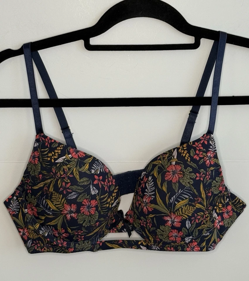 Daisy Fuentes T-Shirt Plunge Bra 36B Blue With Floral Pattern Fast Shipping - Image 1 of 4