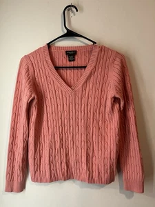 Vintage Eddie Bauer Cable Knit V Neck Sweater Womans Small Petite Pink Stretch - Picture 1 of 3