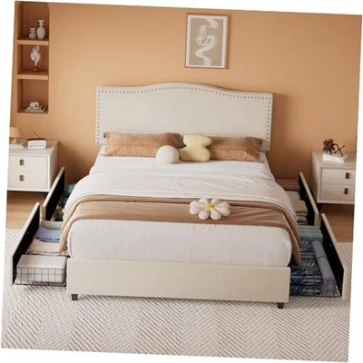  Bed Frame, Platform Bed Frame with Underbed Queen Beige Bed Frame with Drawer - Image 1 of 4
