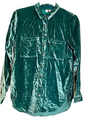 Anthropologie Pilcro Velvet Button Down Shirt XS Green Long Sleeve Pockets - Image 1 of 4