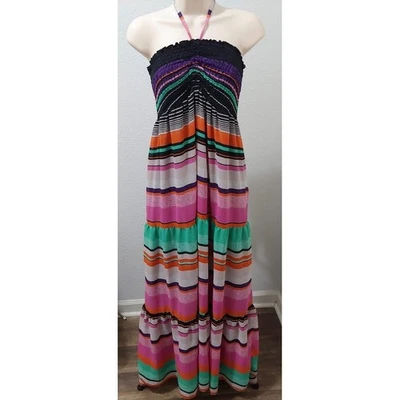 Striped Maxi Dress Smocked Halter Multicolor Sleeveless Casual Size M  Boho Lq - Image 1 of 4