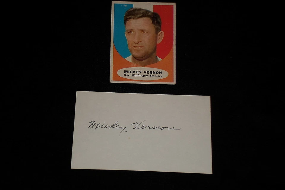 MICKEY VERNON SIGNED AUTOGRAPHED INDEX CARD w/1961 TOPPS CARD (d.2008) SENATORS - Image 1 of 1