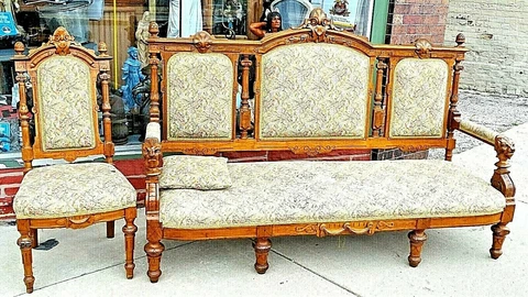 Victorian Antique Walnut ornate lion cat face motif Sofa Settee couch & Chair Cover