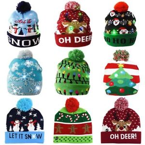 Beanie Hat Sweater Santa Elk Knitted Christmas LED Light Cartoon Supplies Gifts