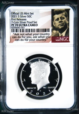 2021 S Proof SILVER Kennedy Half Dollar 50c NGC PF70 UC FR 7-Coin SET Version - Image 1 of 2