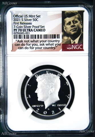 2021 S Proof SILVER Kennedy Half Dollar 50c NGC PF70 UC FR 7-Coin SET Version Cover