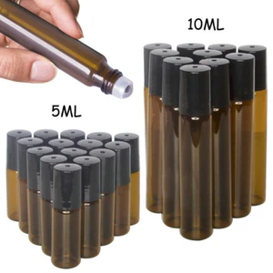 5/10ml Empty Amber Roll on Glass Bottle Essential Oil Metal Roller Ball AUS - Picture 1 of 11