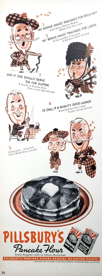 PRINT AD 1943 Pillsbury Pancake Flour Scottish Caricatures 4 Kernel 5x13 - Image 1 of 1
