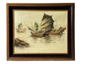 Original Rare P Wong Asian Boat Seascape Oil Painting Framed 24x20 in - Picture 1 of 8