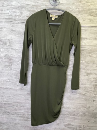 Abito Michael Kors donna taglia S verde scollo a V manica lunga increspato elasticizzato