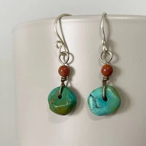 Handmade Southwestern Turquoise Sandstone Sterling Silver Dangle Earrings - Picture 1 of 5