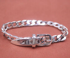 Real Sterling Silver 925 Metal Purity Bracelet Men Leather Belt Curb Link 7.67in