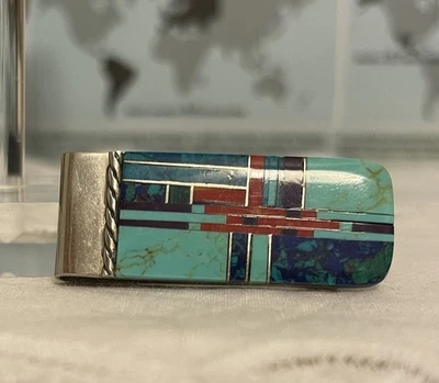 Money Clip With Turquoise, Multi Stone Inlay - - Image 1 of 4