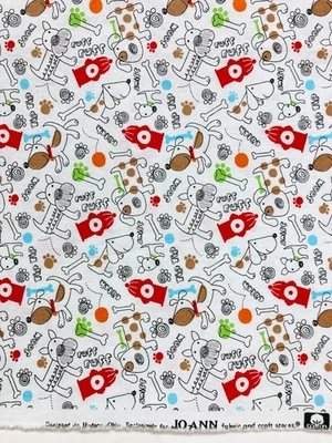 Dog Fabric Paw Prints Fire Hydrants Bones Joann's Fabrics White Red Green Cotton - Image 1 of 4