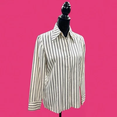 Vintage 80s Preppy Indie Striped Satin Retro Button Down Blouse 12 - Image 1 of 4