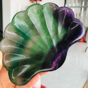 502g Natural Colour Fluorite Quartz Crystal Carved Shell Bowl Healing G991 - Picture 1 of 14
