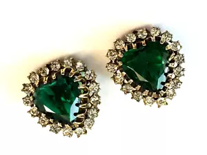 Pendientes de clip vintage firmados por Claudette con pedrería transparentes verdes en forma de corazón - Imagen 1 de 9