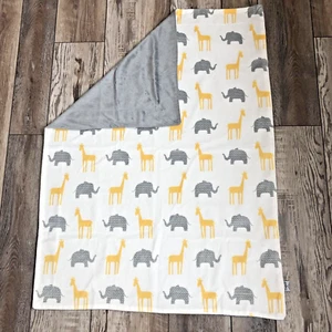 Thro Baby Plush Security Blanket Elephants Giraffes Solid Gray Back 38 x 29 EUC - Picture 1 of 6