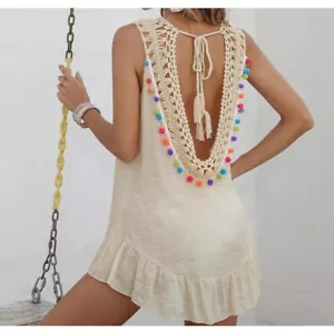 NWT Swim Summer Beach Pompom Crochet Ruffle Hem Cover Up-Cream-Medium - Picture 1 of 8