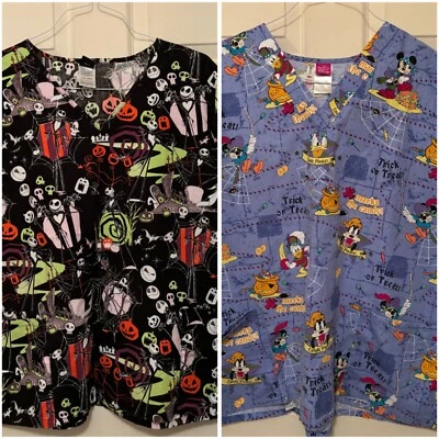 Lot of 2 Disney Scrub Top 2X Halloween Nightmare Before Christmas & Mickey Mouse - Image 1 of 4