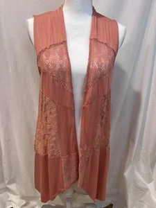 CABLE & GAUGE GILET DONNA STILE BOHO LUNGO PESCA CON ACCENTI PIZZO MEDIO - Foto 1 di 9
