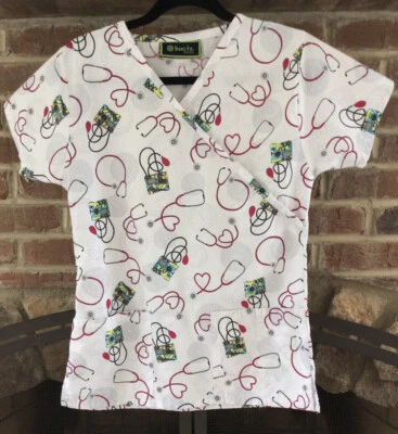 BONITA SCRUBS Scrub Top Women's Size Small EUC. Blood Pressure Cuff Print - Image 1 of 4