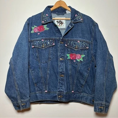 Vintage East West 80s 90s Sequin Floral Embellished Cotton Denim Jacket Sz L - Image 1 of 4