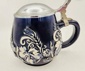 Vintage German Stein Lidded Colbalt & Pewter!3D Relief! - Picture 1 of 10