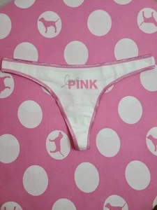 Rare VTG VS PINK Low Rise Graphic Cotton Bling Thong Panty Size M Pink White - Picture 1 of 6