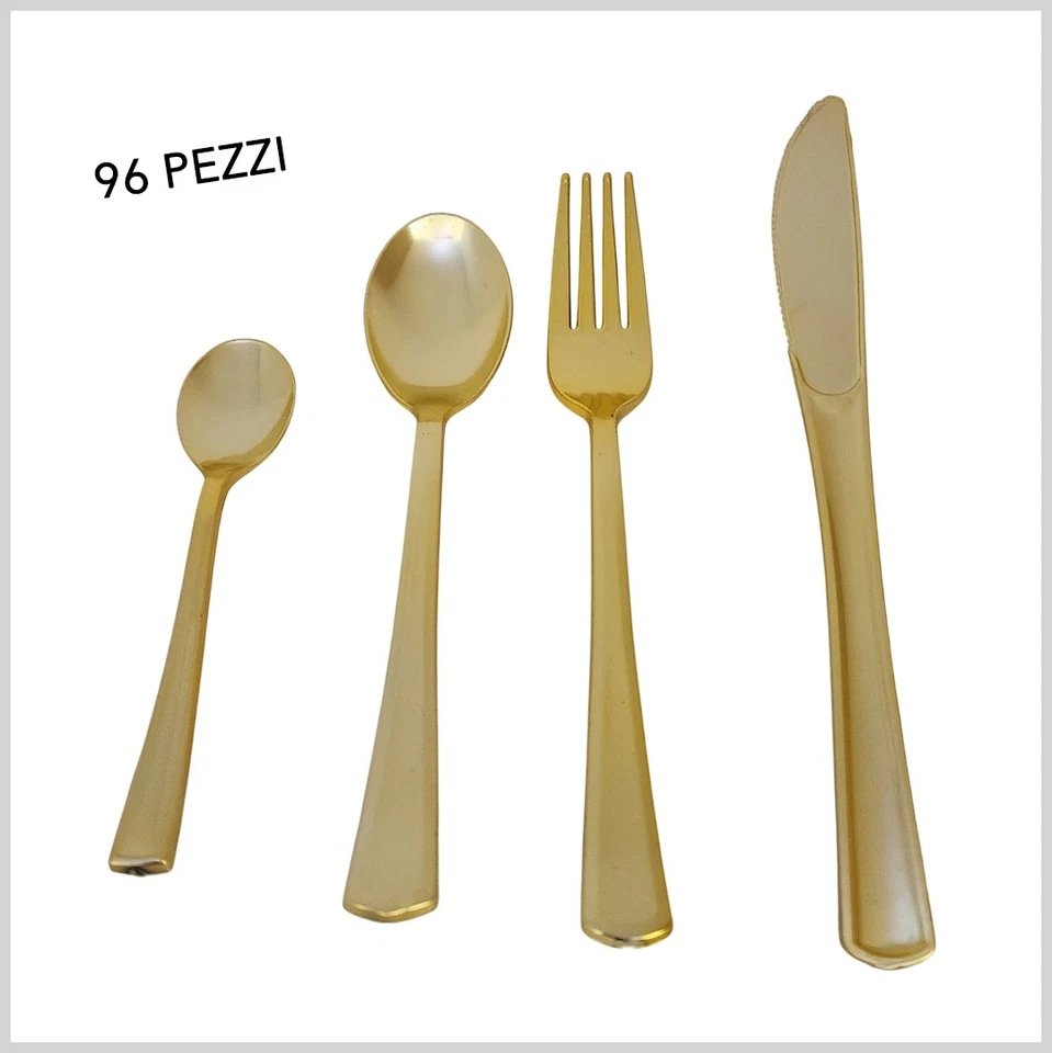 4 SET SERVIZIO 24 POSATE PLASTICA COLOR ORO RIUTILIZZABILI LAVABILI  - Immagine 1 di 1