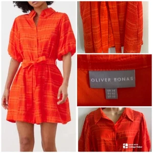 Oliver Bonas Dress Size 14 Orange Textured Puff Sleeve Shirt Mini Women - Picture 1 of 10