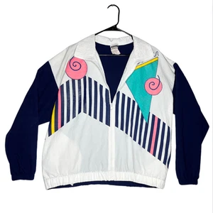 Vintage 80s Windbreaker XL Full Zip Funky Geometric USA Made Skater Color Block - Picture 1 of 17