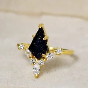 Blue Sandstone Ring Kite Cut Ring 925 Sterling Silver Wedding Ring Promise Ring - Picture 1 of 3