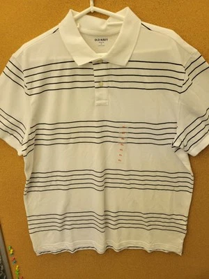 Old Navy Men's XL Classic Fit White w/ Black Striped Cotton Blend Knit Polo - Image 1 of 4