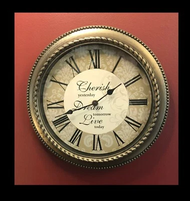 GOLD & BLACK 12" WALL CLOCK LIGHTWEIGHT RESIN "CHERISH...DREAM...LIVE.." MESSAGE - Image 1 of 4