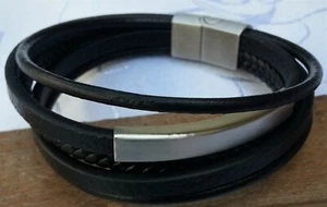 LEDER/EDELSTAHL ARMBAND  POLIERT UNISEX  STECKVERSCHLUß MIT MAGNET 20,5 CM,22 CM - Picture 1 of 6